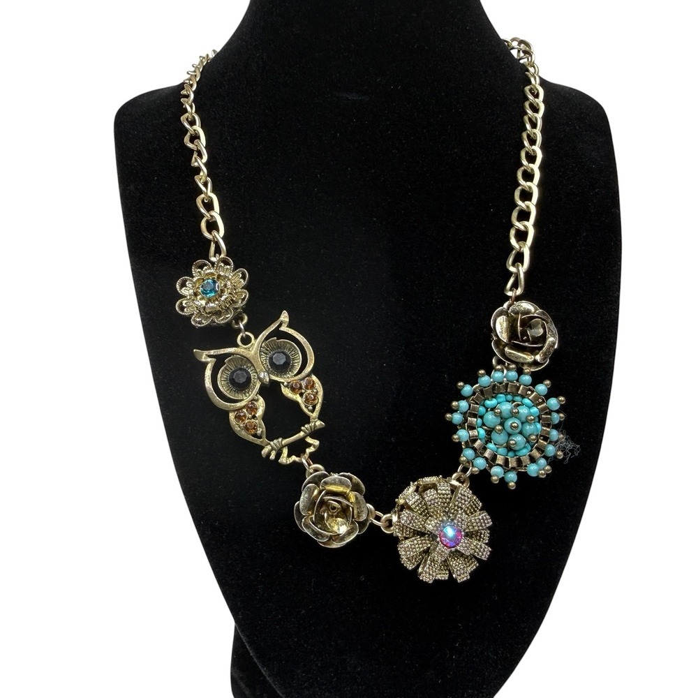 Owl & Floral Charm Statement Bib Necklace Gold Tone Turquoise Rhinestones 18 inL